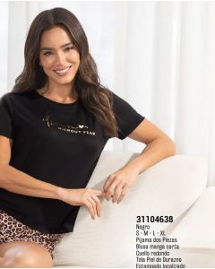 PIJAMA DOS PIEZAS SHORT BLUSA MANGA CORTA CUELLO REDONDO - Negro
